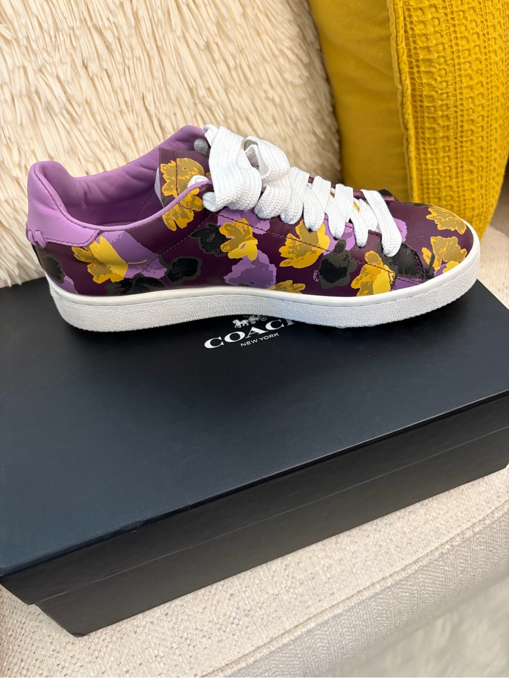 Coach Purple Floral Lace-Up Sneakers with Yellow Accents